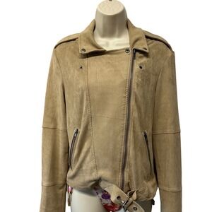 Tan Faux Suede Moto Jacket Asymmetrical Zip Belted Biker Coat Camel Brown